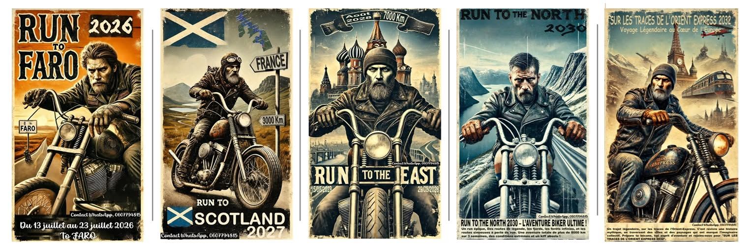 Série de cinq affiches de style vintage alignées : Run to Faro 2026, Run to
                Scotland 2027, Run to the East 2028, Run to the North 2030 et Sur les traces de
                l'Orient-Express 2032, chacune représentant un motard barbu sur sa machine dans
                un décor évoquant la destination.