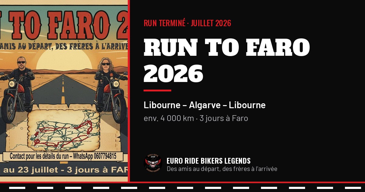 Affiche du Run to Faro 2026 : deux motards sur une route droite au coucher du soleil.