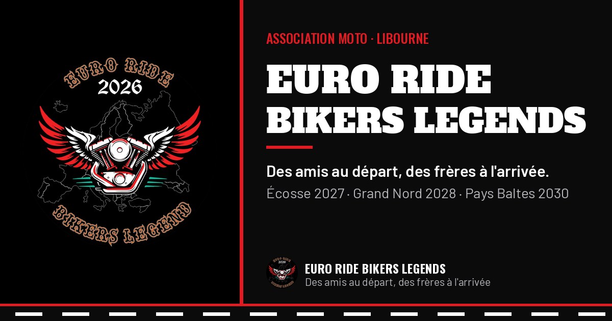 Logo Euro Ride Bikers Legends, devise et prochains runs sur fond noir.