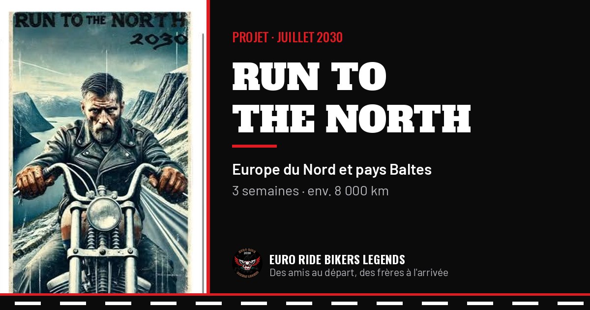 Affiche Run to the North 2030 : motard sur une route de montagne enneigée.