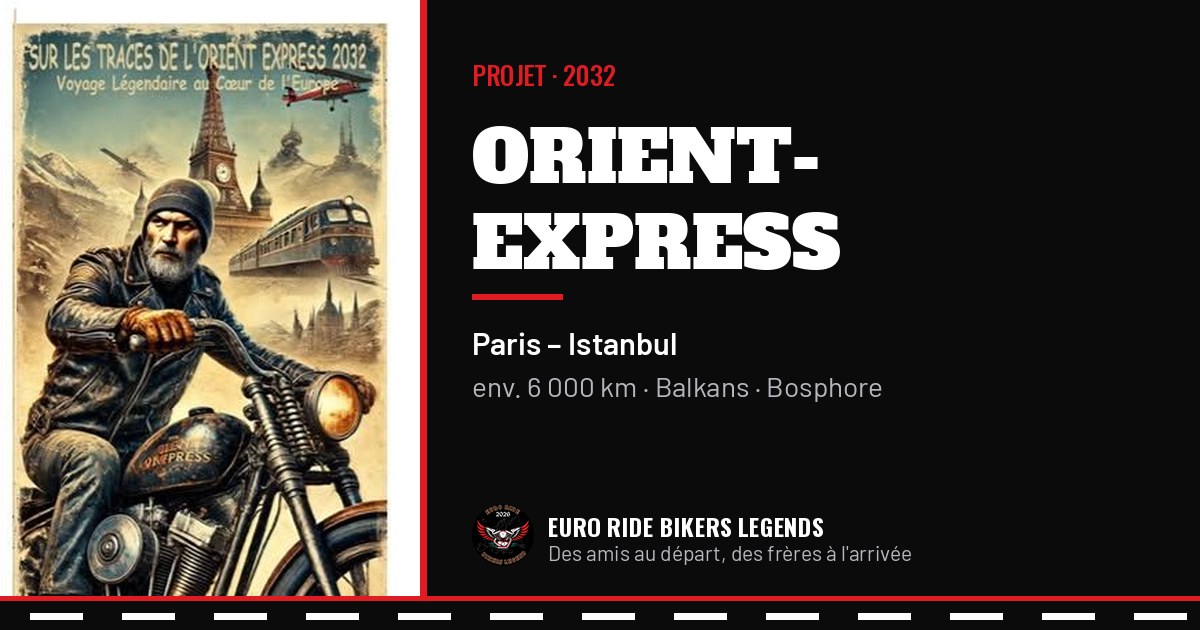 Affiche Sur les traces de l'Orient-Express 2032 : motard devant un train à vapeur.